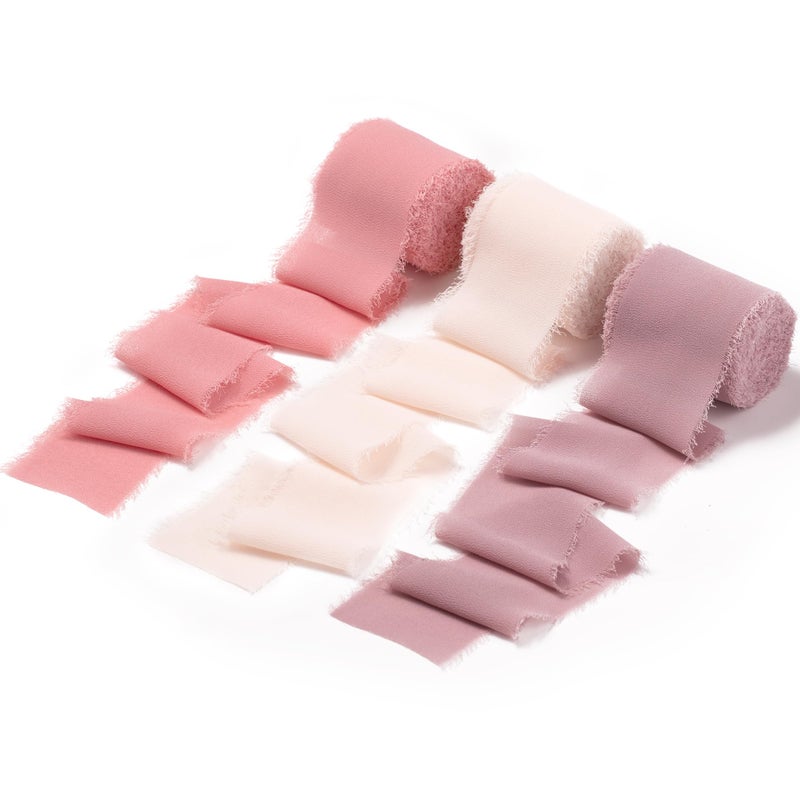 DORIS HOME 2" x21Yd Chiffon Ribbon for Flower Bouquet, Pink & Dusty Rose Fabric Ribbon for Gift Wrapping, Handmade Frayed Ribbon for Wedding/Christmas Decorations - Image 1